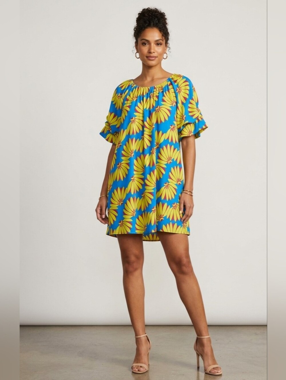 Bright Blue Shift Dress with Yellow Floral Print